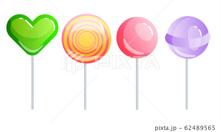 Set of sweets on white background - hard candy and bar, candy cane, lollipop, candy on stick. Tasty delicious. Vector illustration 62489565