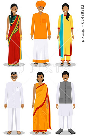 Set of different standing indian young adult women and men in the traditional clothing isolated on white background in flat style. Differences people in the national east dress. Vector illustration. Set of different standing indian young adult women and men in the traditional clothing isolated on white background in flat style. Differences people in the national east dress. Vector illustration. 62489582