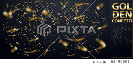 Falling Shiny Glitter Gold Confetti isolated on black transparent background. Christmas or Happy New Year Confetti. 3D confetti rain festive background for the card, invitation. Vector 62490691