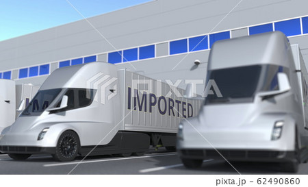 Trailer trucks with IMPORTED text being loaded or unloaded at warehouse. 3D rendering Trailer trucks with IMPORTED text being loaded or unloaded at warehouse. 3D rendering 62490860