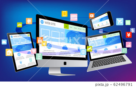 ウェブページを表示したノートパソコンとスマホとタブレット 青色背景のイラスト素材