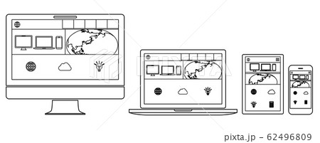 ウェブページを表示したノートパソコンとスマホとタブレット-白色背景ラインアート ウェブページを表示したノートパソコンとスマホとタブレット-白色背景ラインアート 62496809