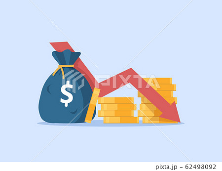 flat cartoon cash with down arrow stocks graph,investment expenses, bad economy reduction,Money loss 62498092