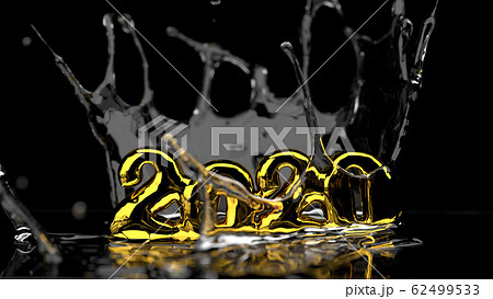 Happy New Year 2020 lettering made by gold and water splash around it. Isolated on black background. 3d illustration. Selective focus macro shot with shallow DOF Happy New Year 2020 lettering made by gold and water splash around it. Isolated on black background. 3d illustration. Selective focus macro shot with shallow DOF 62499533