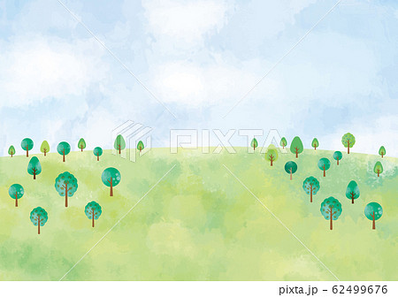 風景 水彩 水彩画 背景 背景素材 風景 にじみ 丘 草原 野原 春 夏 秋 冬 原っぱ 高原 森のイラスト素材