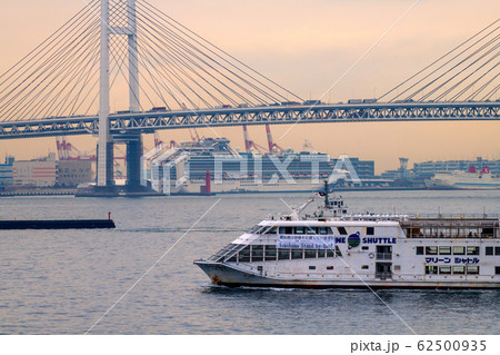 日本の横浜都市景観 新型肺炎・大黒ふ頭で“船内隔離”が続くクルーズ船や応援の横断幕＝14日撮影 62500935