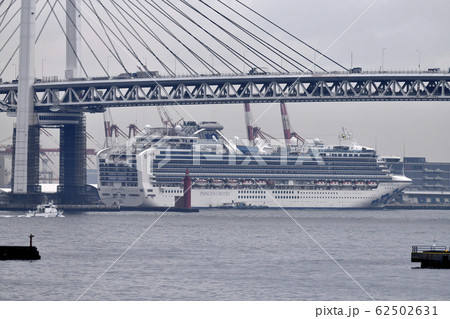 日本の横浜都市景観 新型コロナウイルス・大黒ふ頭で“船内隔離”が続くクルーズ船＝14日撮影 62502631
