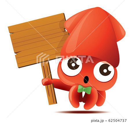 Cartoon cute squid with green bowtie holding big wooden signboard, vector mascot character - vector  62504737