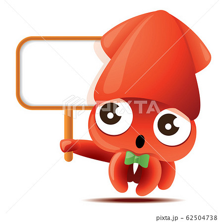 Cartoon cute squid with green bowtie holding big empty menu signboard, vector mascot character - vector Cartoon cute squid with green bowtie holding big empty menu signboard, vector mascot character - vector 62504738