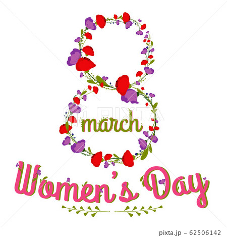 Woman s Day text calligraphy design with flowers Vector illustration. 8 march greeting card. Template for a poster, cards, banner. 62506142