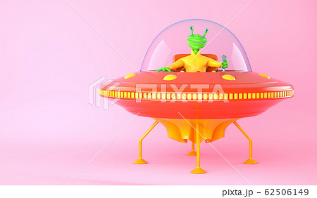 Illustration of UFO with green alien on pink 62506149