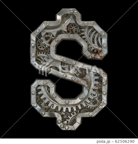 Mechanical alphabet made from rivet metal with gears on black background. Symbol dollar. 3D 62506290