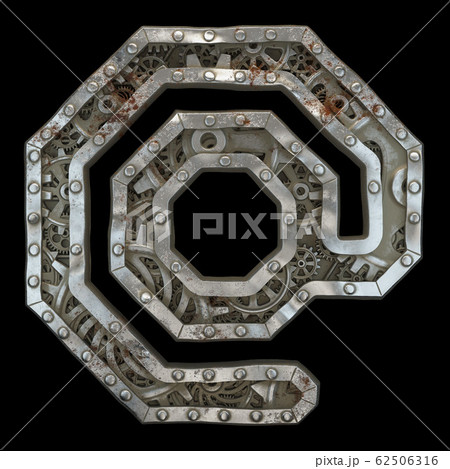 Mechanical alphabet made from rivet metal with gears on black background. Symbol at. 3D 62506316