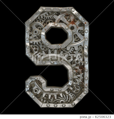 Mechanical alphabet made from rivet metal with gears on black background. Number 9. 3D 62506323