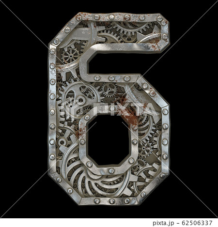 Mechanical alphabet made from rivet metal with gears on black background. Number 6. 3D 62506337