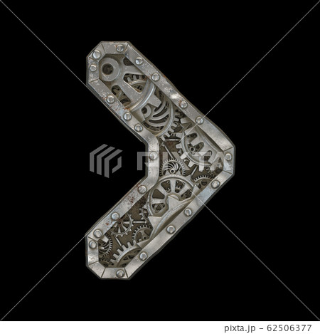 Mechanical alphabet made from rivet metal with gears on black background. Symbol right angle bracket. 3D Mechanical alphabet made from rivet metal with gears on black background. Symbol right angle bracket. 3D 62506377