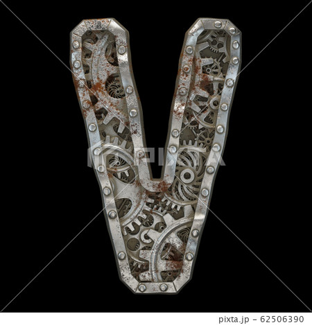 Mechanical alphabet made from rivet metal with gears on black background. Letter V. 3D Mechanical alphabet made from rivet metal with gears on black background. Letter V. 3D 62506390
