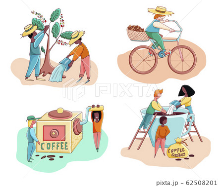 Little funny stylized characters making coffee,のイラスト素材 