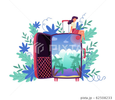 Girl Sitting on Huge Luggage Installation with Floral Leaves Peeped Out from Behind Vector Illustration Girl Sitting on Huge Luggage Installation with Floral Leaves Peeped Out from Behind Vector Illustration 62508233