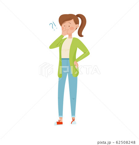 Thoughtful Woman Standing Touching Her Chin and Question Mark Vector Illustration 62508248