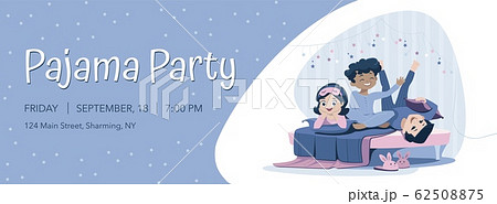 Three cheerful kids of diverse race in blue nightwear lie on the bed, having pajama party. Sleepover and slumber party announcement horizontal banner template. Print advertisement. 62508875