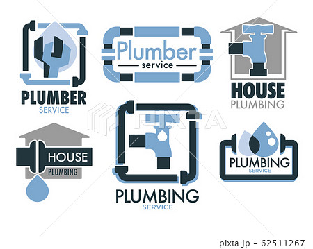 Plumbing services isolated icons, pipes and taps, leakage repair 62511267