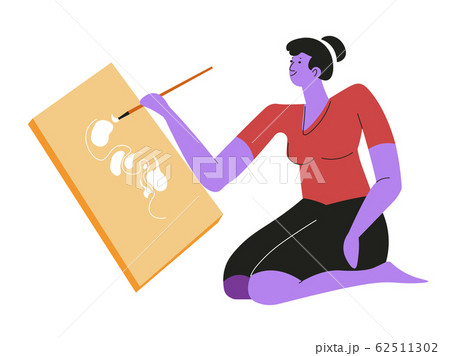 Woman painting on canvas sitting, isolated female character 62511302