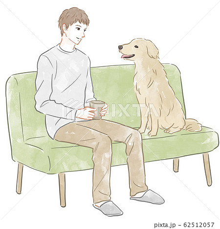 ソファに座る男性と犬のイラスト素材