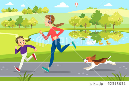 Mother and daughter Jogging with cute dog in the Park, along the lake. Concept motherhood child-rearing. Vector illustration. 62513051