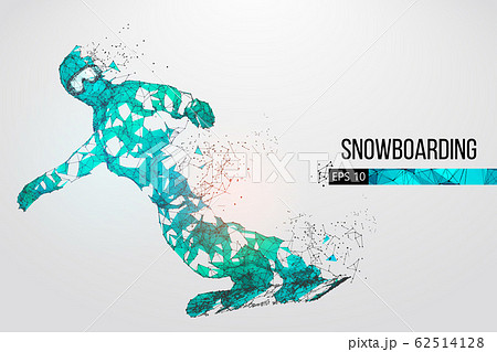 Silhouette of a snowboarder jumping isolated. Dots, lines, triangles, text, color effects and background on a separate layers, color can be changed in one click. Vector illustration Silhouette of a snowboarder jumping isolated. Dots, lines, triangles, text, color effects and background on a separate layers, color can be changed in one click. Vector illustration 62514128