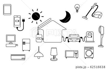 太陽光 電気 家電 セット イラスト ベクター 手書き 蓄電池 のイラスト素材