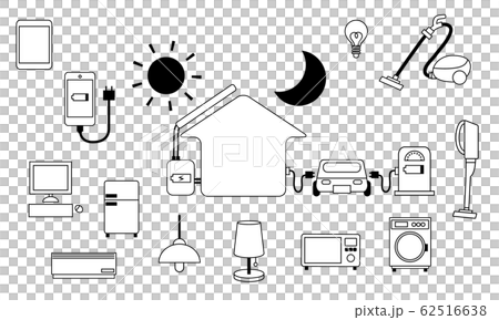 太陽光 電気 家電 セット イラスト ベクター 手書き 蓄電池 のイラスト素材