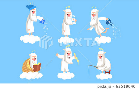 Funny Elderly Male Angel Character in Different Situations Collection, Activity of Holy Old Man on Heaven Vector Illustration 62519040