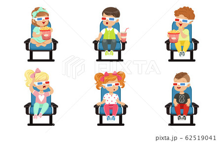 Cute Kids Watching Movie with 3D Glasses While Eating Popcorn and Drinking Soda Drink Vector Illustration on White Background 62519041