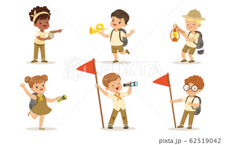 Collection of Kids Scouts Camping, Cute Boys and Girls with Hiking Equipment Vector Illustration on White Background 62519042