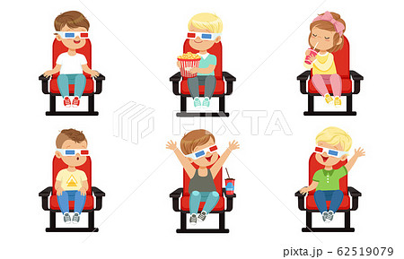 Cute Kids Watching Movie with 3D Glasses While Eating Popcorn and Drinking Soda Drink, Boys and Girls Sitting in the Cinema Vector Illustration on White Background Cute Kids Watching Movie with 3D Glasses While Eating Popcorn and Drinking Soda Drink, Boys and Girls Sitting in the Cinema Vector Illustration on White Background 62519079