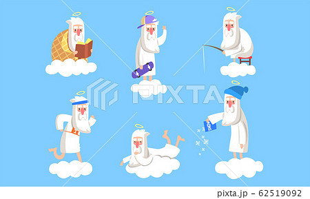 Elderly Male Angel Character in Different Situations Collection, Activity of Holy Old Man on Heaven Vector Illustration 62519092
