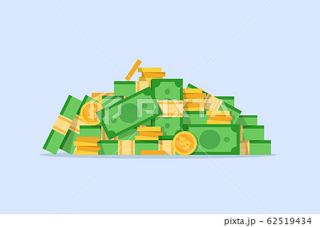 money coins and bills,Big stack of golden coins and dollar bill,flat design icon vector illustration 62519434