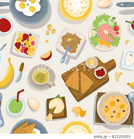 Breakfast healthy products vector illustration seamless pattern. Products contain high elements and vitamins for health. Bread and butter, eggs, cheese, fruit salad for breakfast. 62520303
