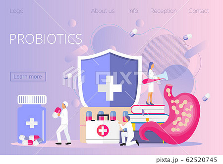 Tiny doctors give stomach probiotic bacteria, lactobacillus. Healthcare landing page, immunity support concept vector for horizontal banner, poster, flyer, website. Symbol of useful milk products. Tiny doctors give stomach probiotic bacteria, lactobacillus. Healthcare landing page, immunity support concept vector for horizontal banner, poster, flyer, website. Symbol of useful milk products. 62520745