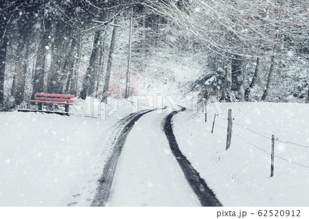 snow covered street in front of forest with red snow covered street in front of forest with red 62520912