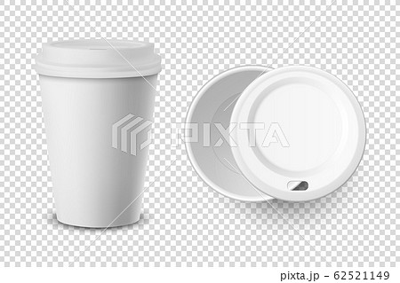 Vector 3d Realistic Disposable Opened and Closed with Lid Paper, Plastic Coffee Cup for Drinks Icon Set Closeup Isolated on Transparent Background. Design Template, Mockup. Top and Front View 62521149
