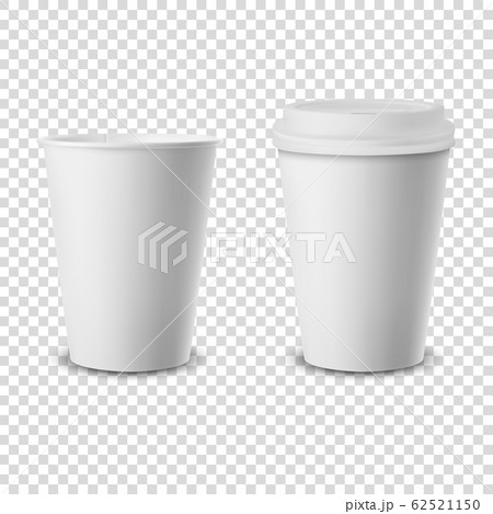 Vector 3d Realistic Disposable Opened and Closed with Lid Paper, Plastic Coffee Cup for Drinks Icon Set Closeup Isolated on Transparent Background. Design Template, Mockup. Front View 62521150
