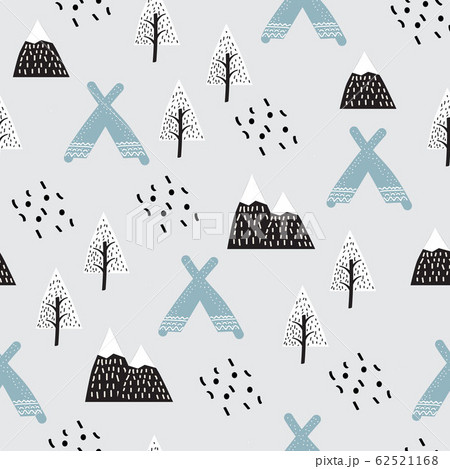 Kiddish seamless pattern vector with cute wigwams in the forest between mountains and trees. Creative scandinavian style for fabric, textile, pyjamas, apparel, decor, background. 62521168