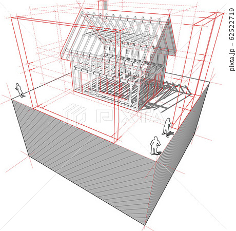 diagram of a framework construction of a detached house with 3D dimensions diagram of a framework construction of a detached house with 3D dimensions 62522719