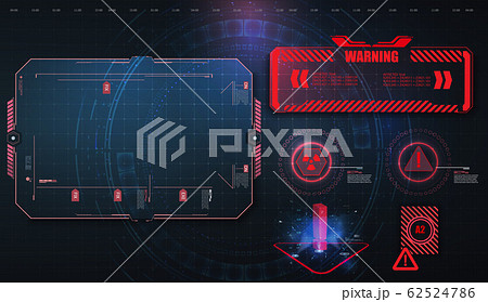 HUD, UI, GUI futuristic user interface screen elements set. High tech screen for video game. Sci-fi concept design. Callouts titles. Modern banners, frames of lower third. Red. Vector 62524786