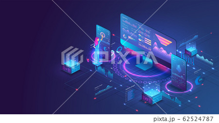 The woman interacting with the statistical analysis and diagram. Data analysis in isometric vector design. Network mainframe infrastructure website layout. Data visualization concept. Trends 3D 62524787