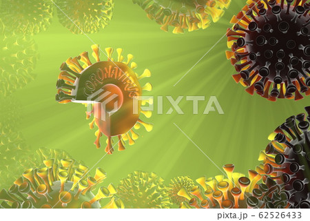 Coronavirus Wuhan, China COVID-19 molecules distributed over the frame field. Microscopic photography. The concept of the epidemic virus infection and the risk of life. Care of health. 3D illustration 62526433