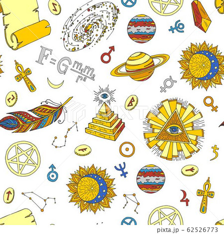 Esoteric symbols and occult objects seamless vector pattern. Cartoon esotery manuscript, eye in triangle, planets and astrology items. Esoterism circle poster. 62526773