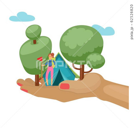 Camping, adventure time vector illustration with tourist woman in forest and camp tent. Camping, adventure time vector illustration with tourist woman in forest and camp tent. 62526820